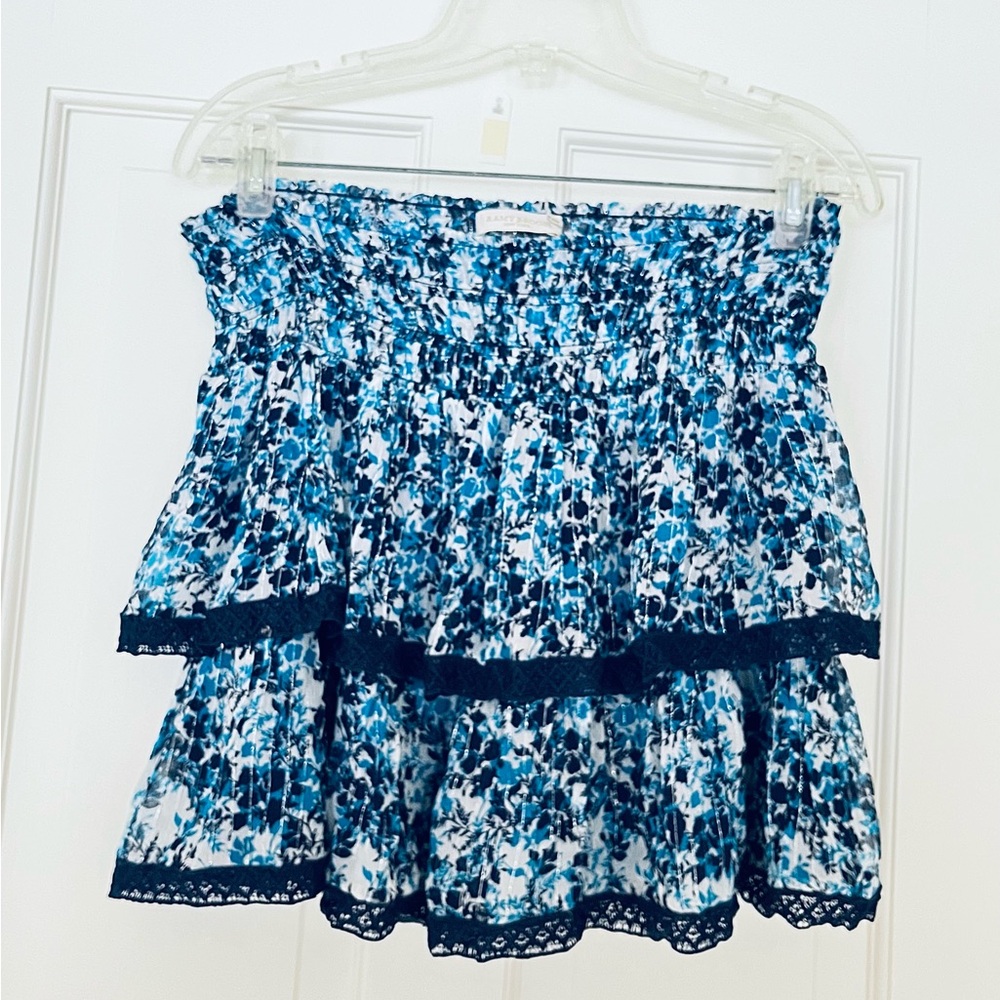 Ramy Brook blue silk  floral tiered smocked skirt L